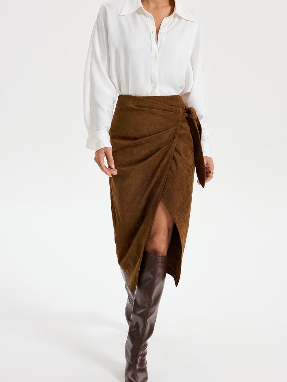 Commense Chocolate Brown Wrap Midi Skirt with Side Knot
